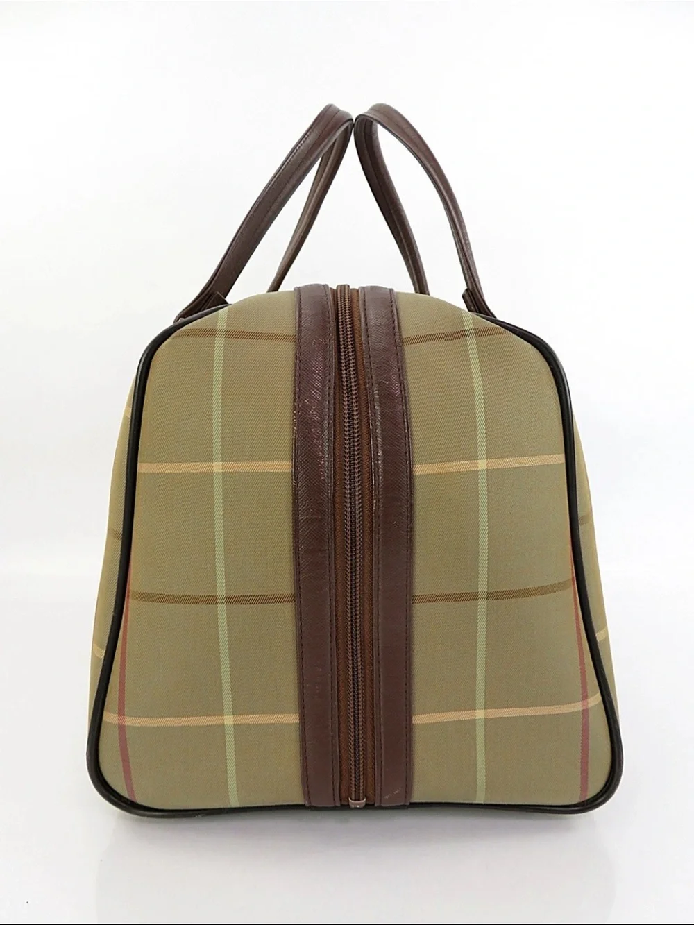 Burberry Olive Green Plaid Canvas Top-Handle Satchel with Brown Leather Trim